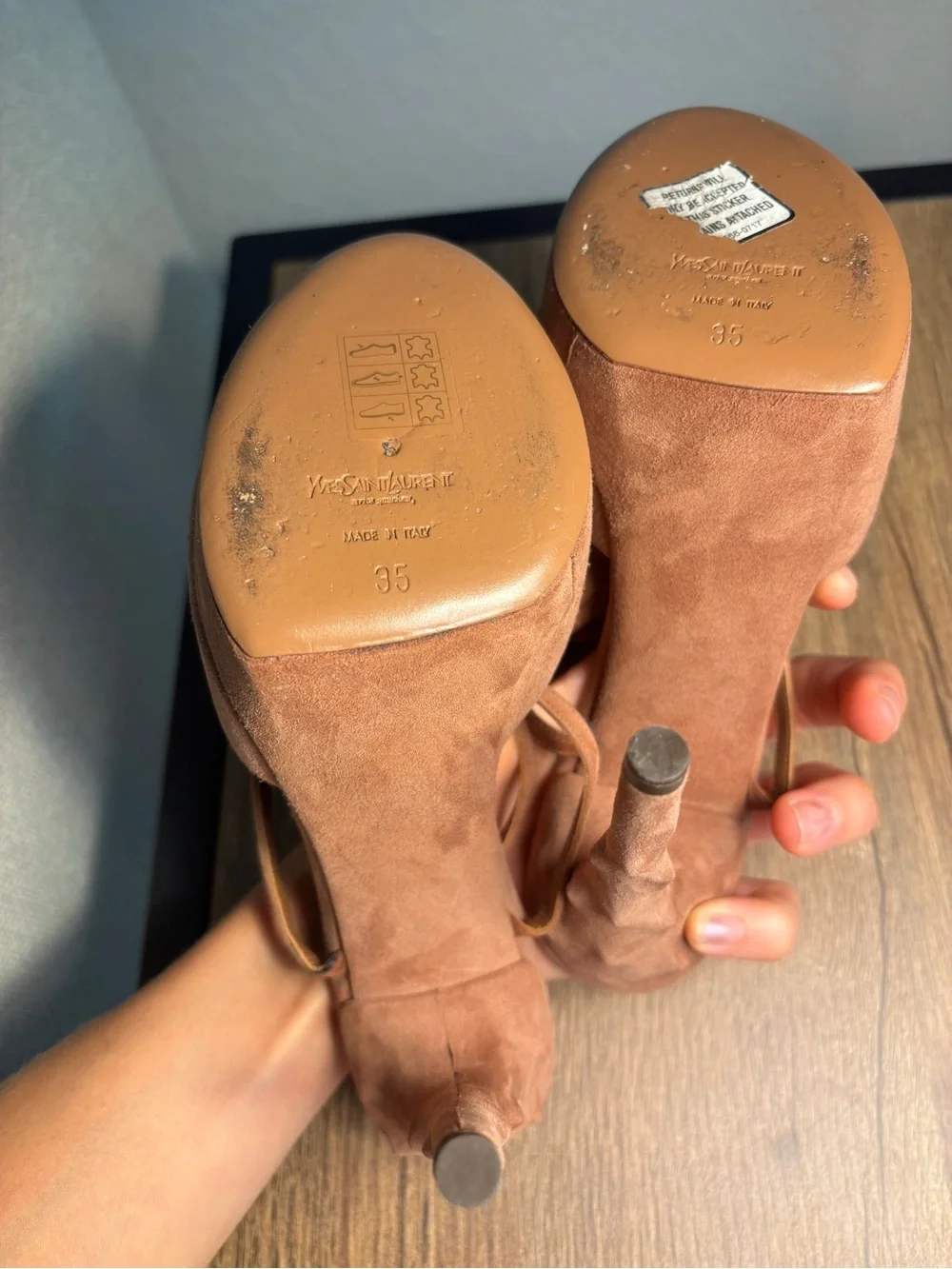 Saint Lauren Size EU 35 Women's Tan Suede Platform Heels with Ankle Tie Rose